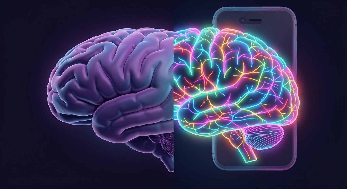 Split brain visualization showing calm sleep versus phone-overstimulated brain