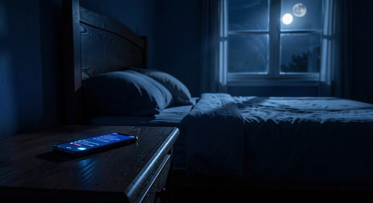 Dark bedroom with glowing phone on nightstand disrupting sleep