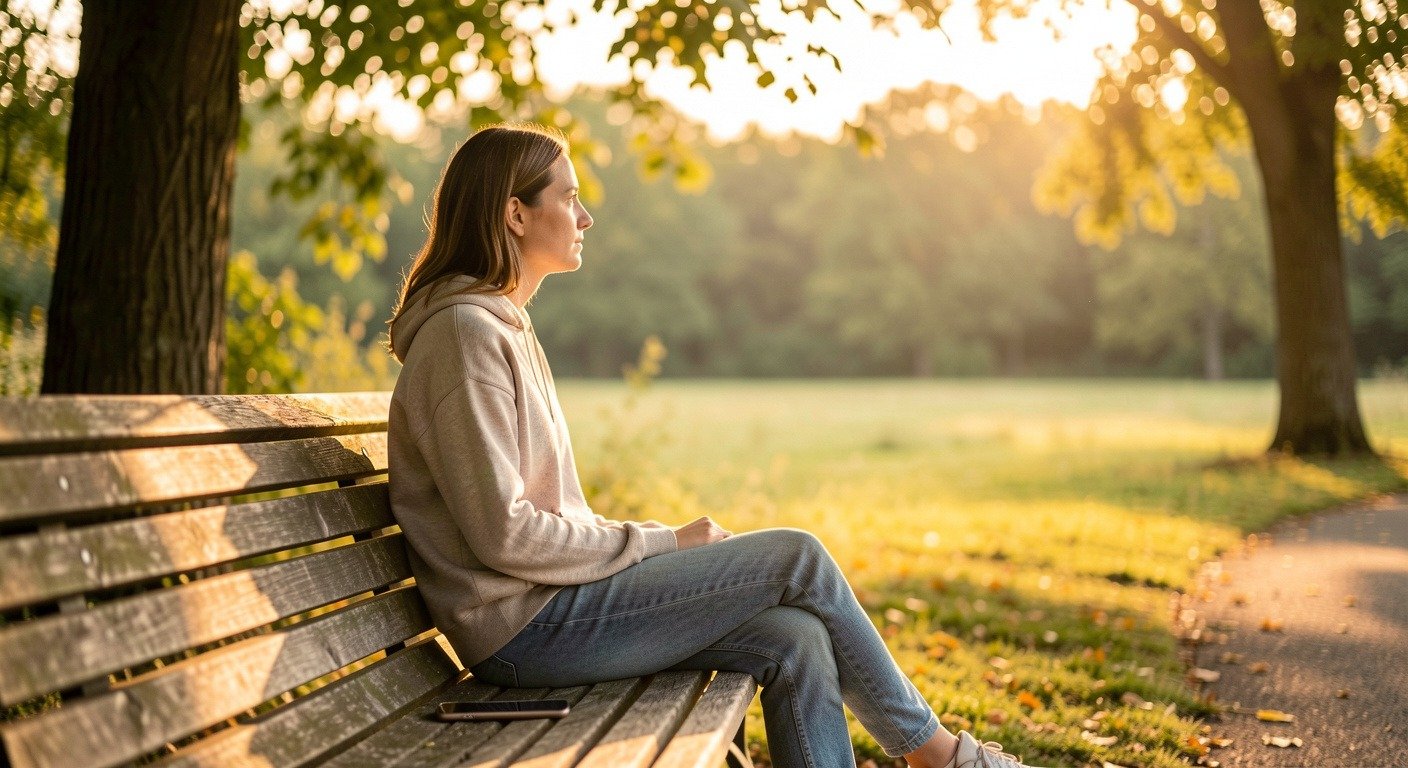 A person sitting alone on a park bench at golden hour, phone face-down beside them, looking thoughtfully at a distant horizon