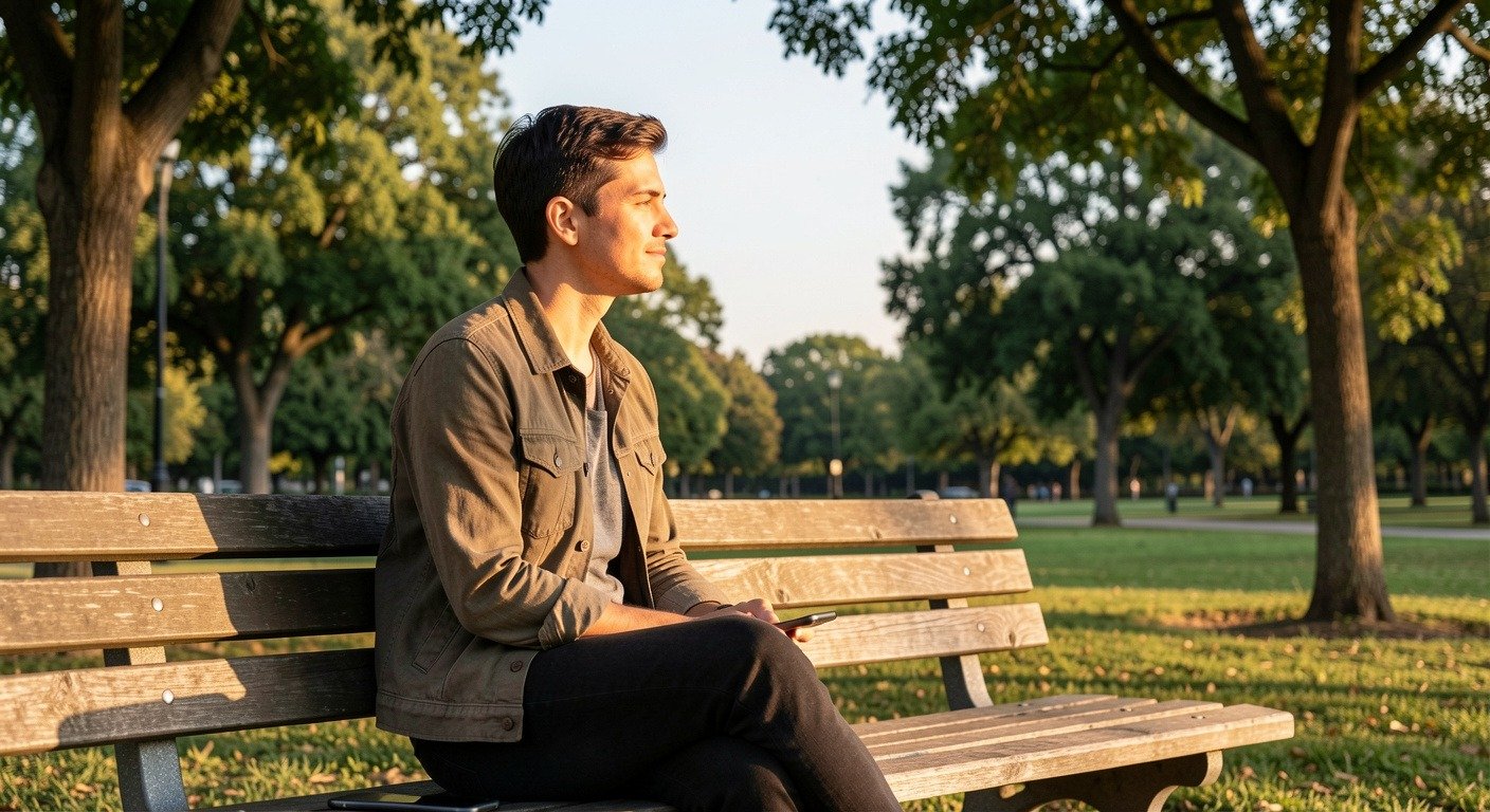 A person sitting on a park bench with their phone face-down beside them, gazing at trees and open sky with a calm reflective expression