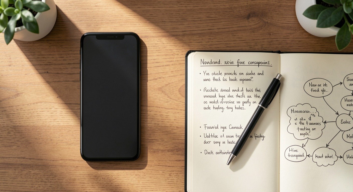 Overhead wooden desk with a face-down smartphone and an open notebook