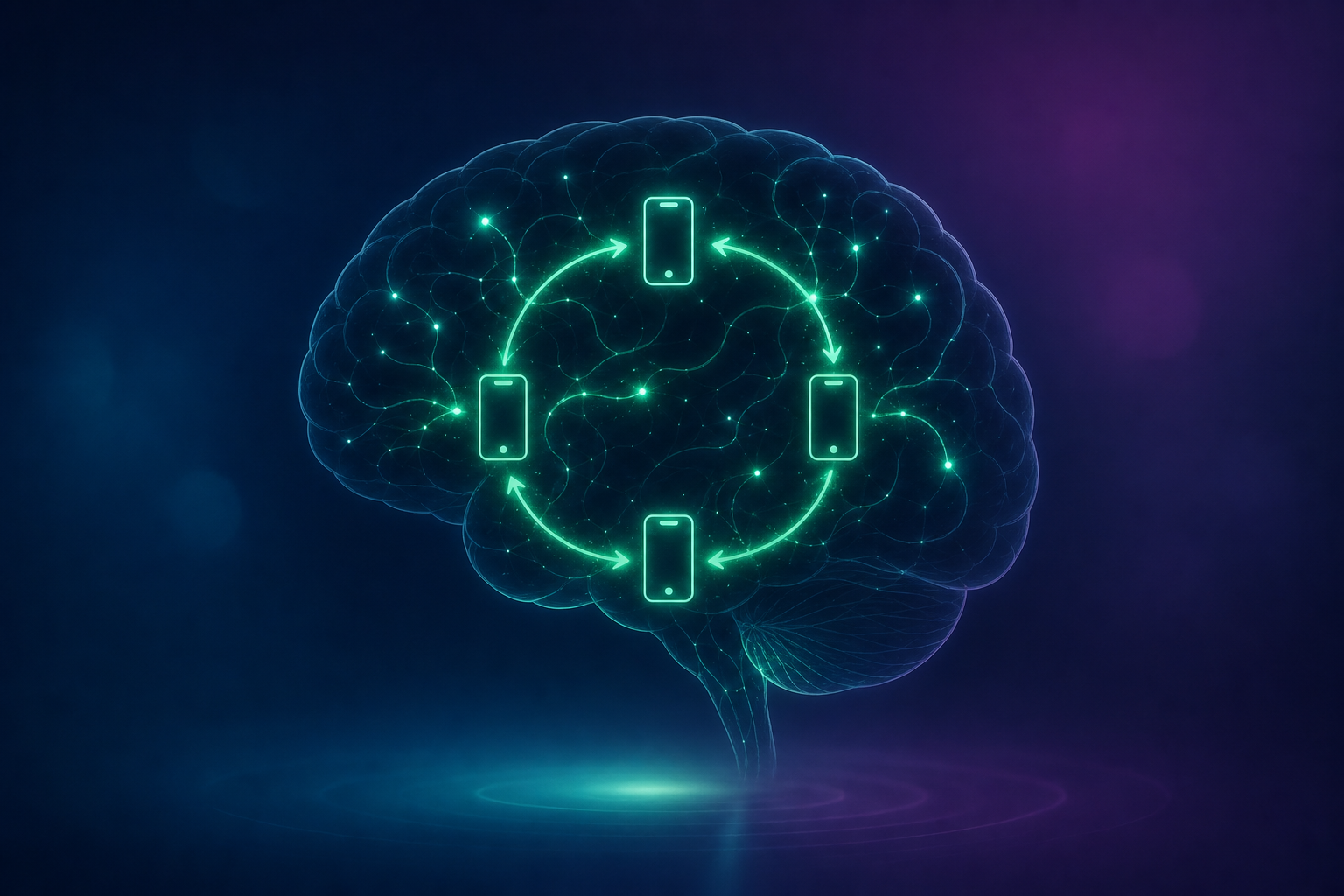 Brain neural pathways with glowing green pulsing loop, phone icons cycling, dark gradient background