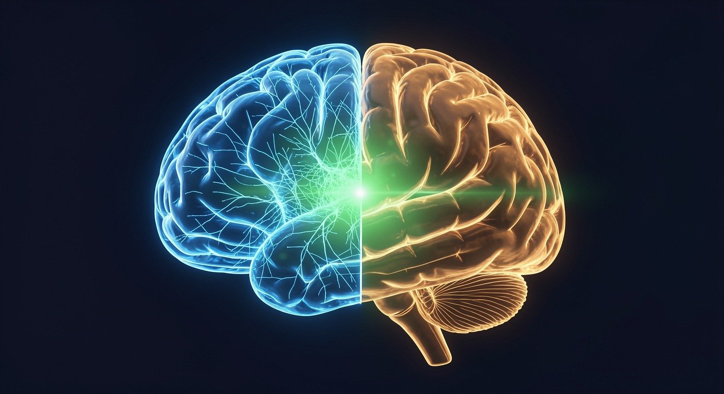 Translucent glass brain showing overstimulated blue half and calm amber half with green healing light