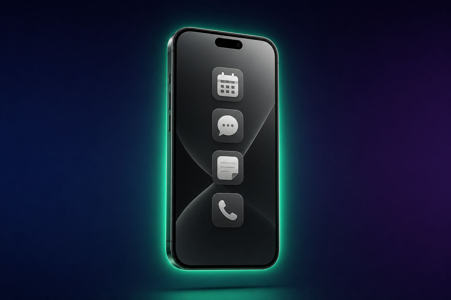 Greyscale smartphone in dark space, minimal utility icons, green edge glow