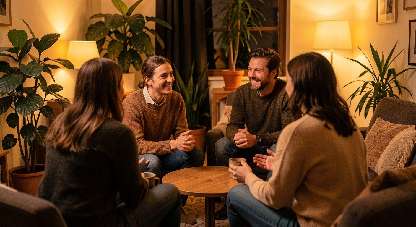 Small group of people in a circle engaged in genuine conversation, no phones visible