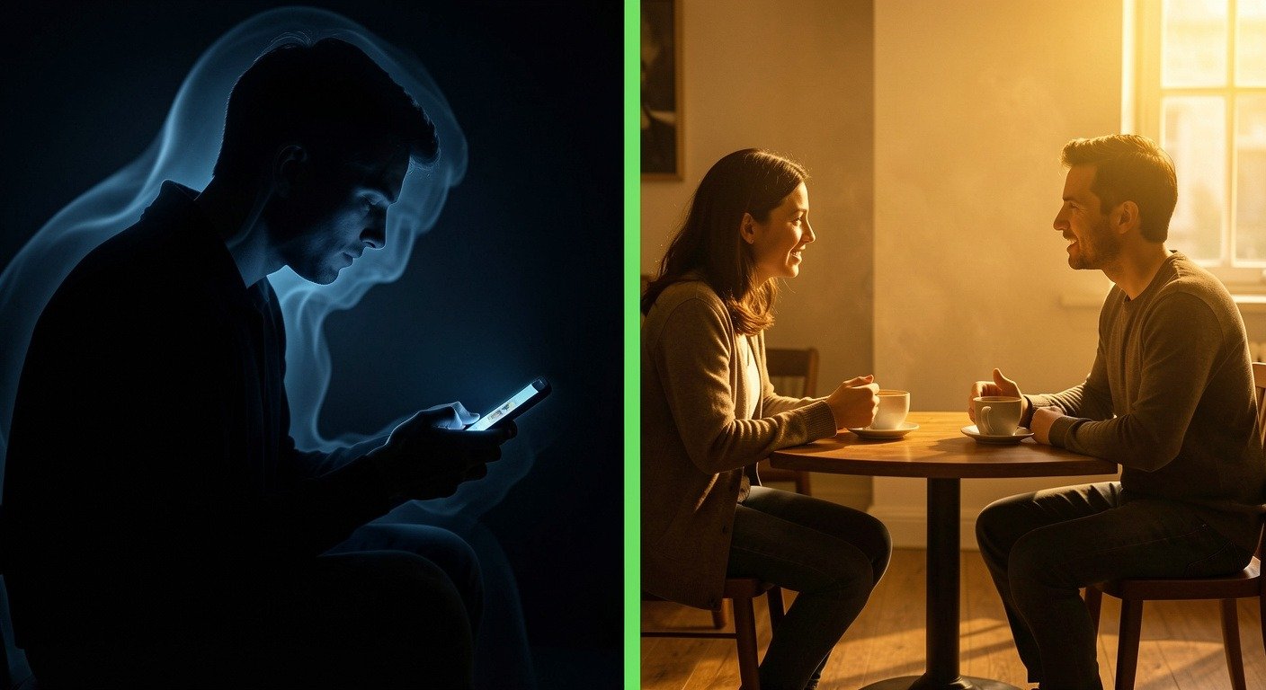 Split composition: lone person scrolling phone versus two people engaged in genuine conversation