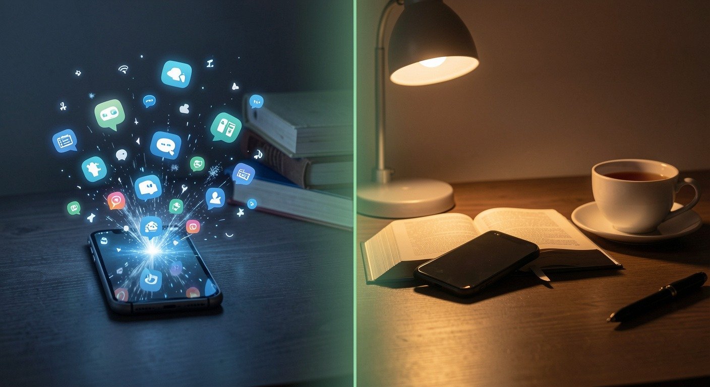 Split image showing chaotic phone notifications versus calm book and tea reading scene
