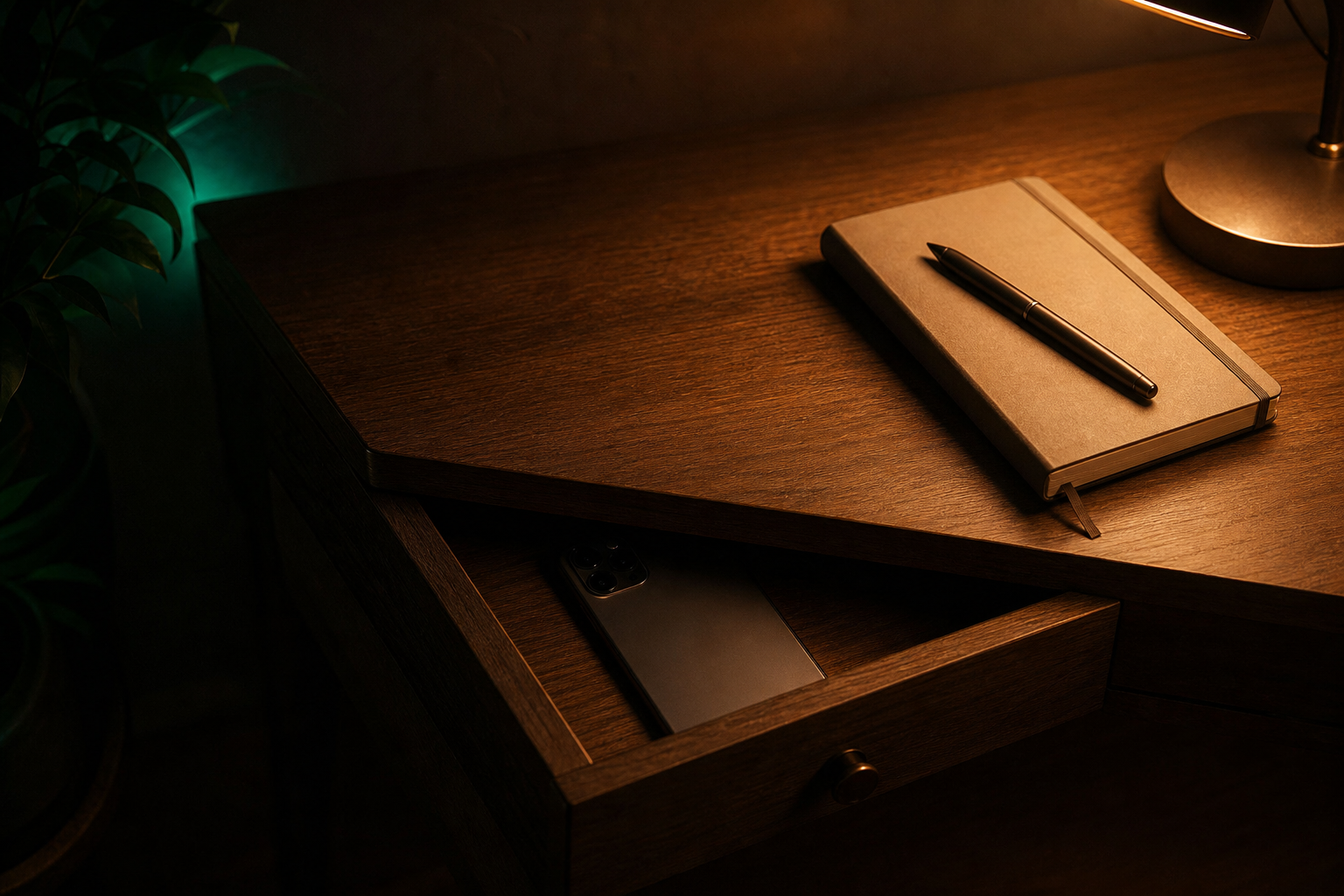 Phone in drawer, notebook and pen under warm lamplight, green accent