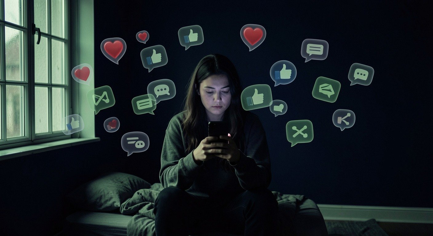 A person isolated in a room filled with floating social media icons, representing the loneliness paradox