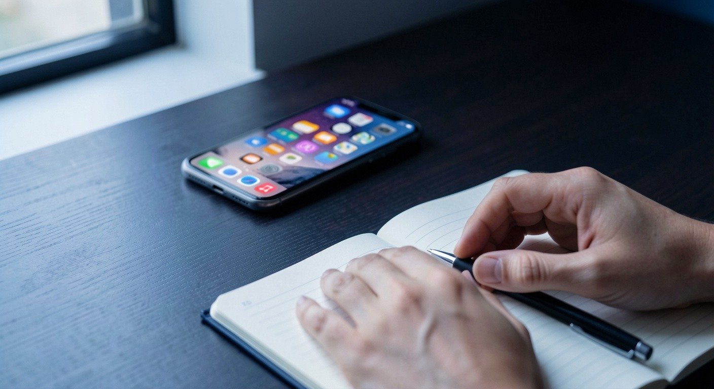 Smartphone face-up on dark desk with glowing notifications, hands resting on notebook — choosing disengagement from digital alerts