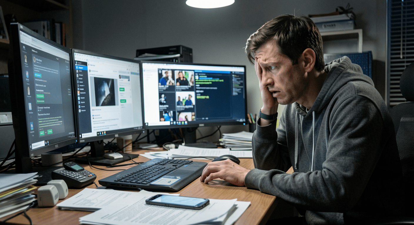 Person at cluttered desk looking frustrated with phone notifications, cognitive overload