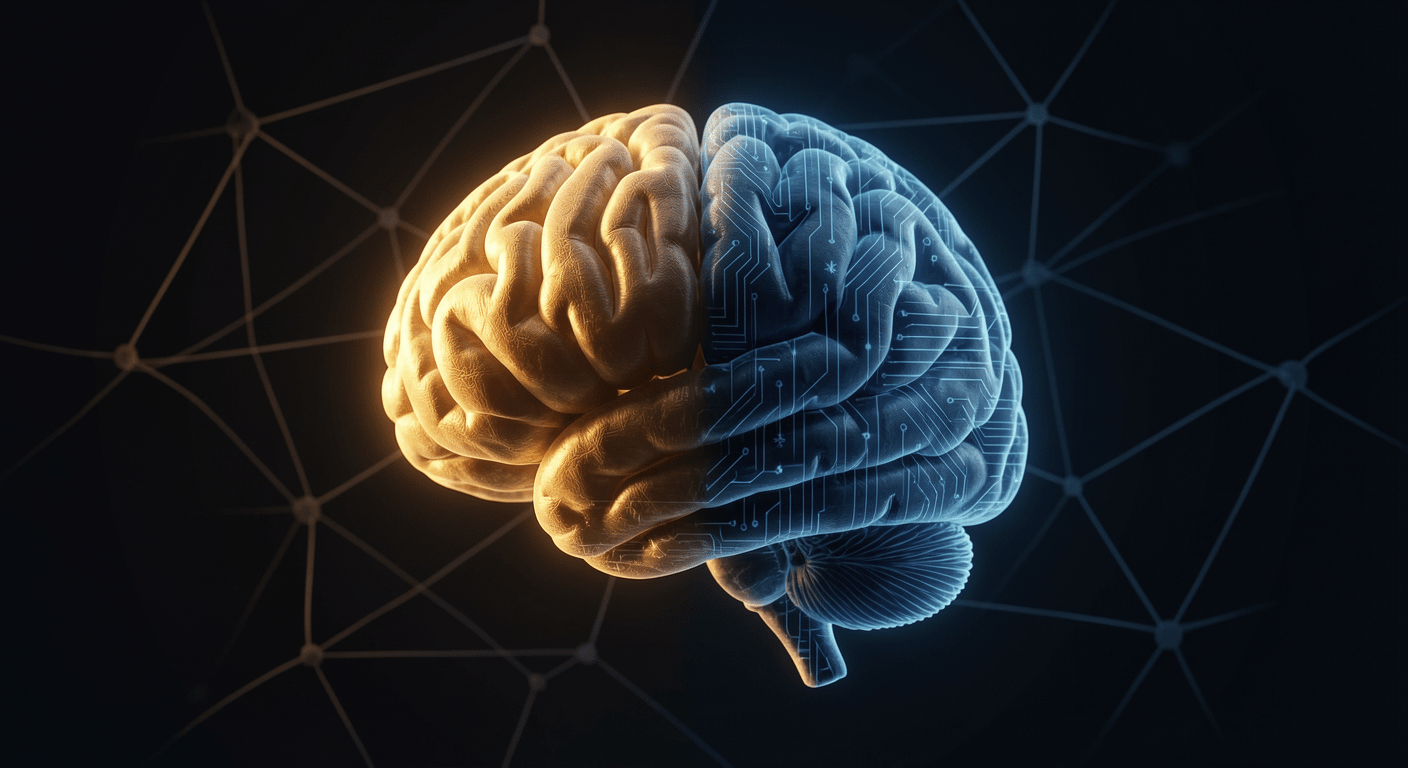 Human brain with half warm golden light and half cool blue digital patterns, floating in dark space