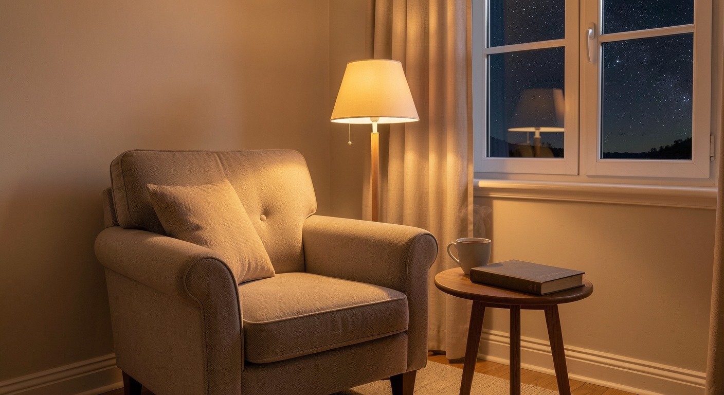 Cozy evening corner with book and tea, no phone visible