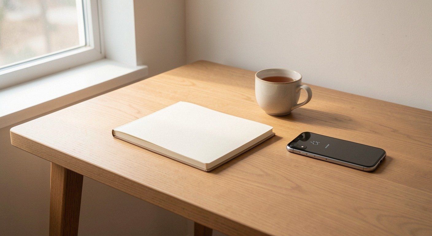Clean minimalist workspace with notebook, tea, and phone placed face-down and away — intentional living without digital distraction