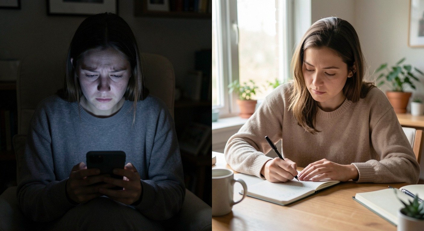 Split composition showing a person scrolling on phone in a dark room on one side and the same person calmly sketching by a window on the other side.
