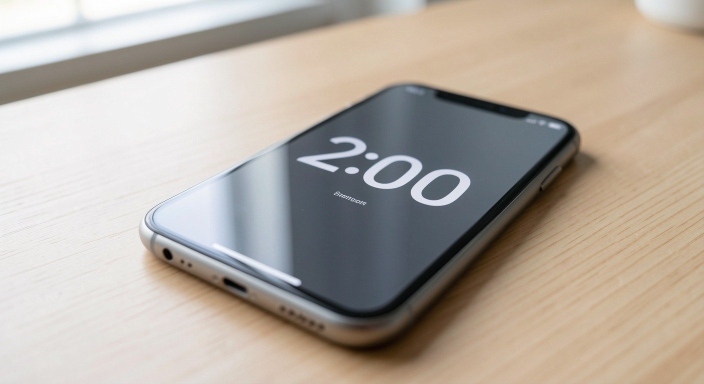 Smartphone with black screen next to a timer showing two minutes on a wooden desk, the boredom sit practice.
