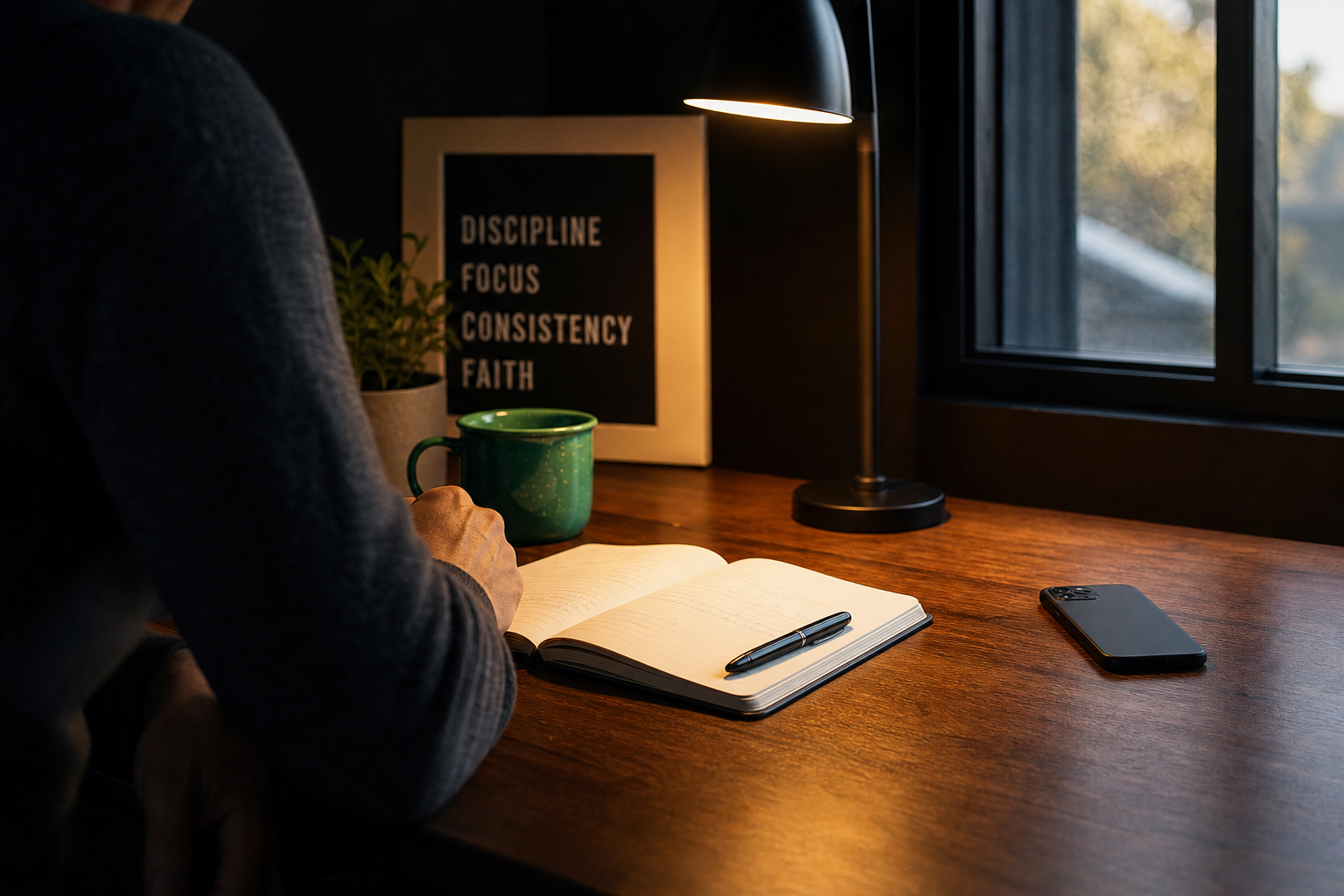A calm morning desk scene with a phone placed face-down and out of reach, notebook and pen in front, warm lamp light, early morning window light