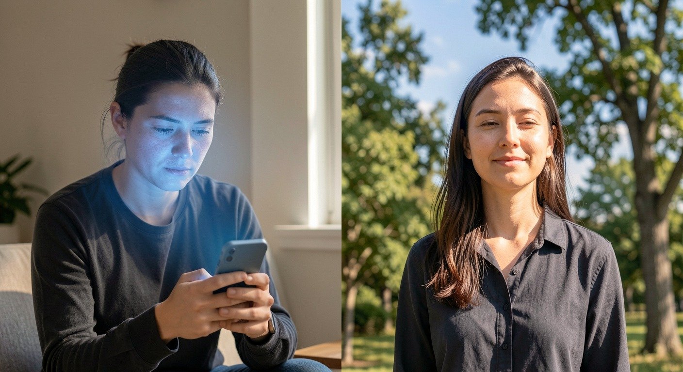 Split visual showing person with phone indoors vs same person calm outdoors without phone