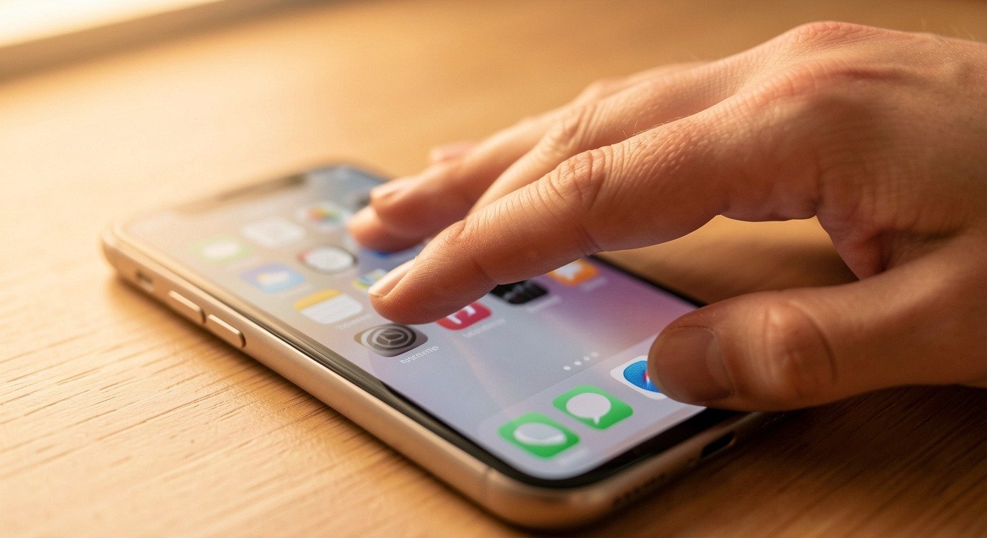 Close-up of phone screen with blurred social apps and hand reaching to place it face-down