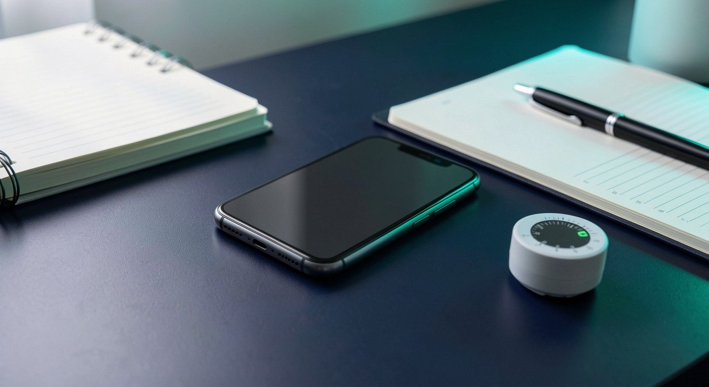 A smartphone placed face down on a clean desk beside a notebook and focus timer.