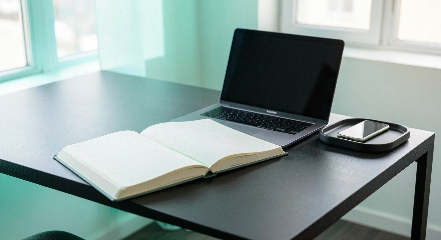 A clean workspace with a phone placed away from the main desk area.