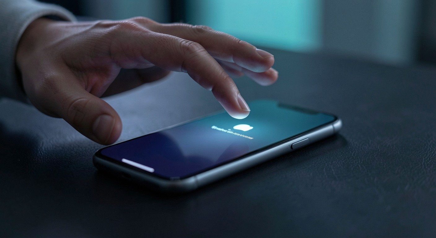 A hand pauses above a dimly glowing smartphone before picking it up.
