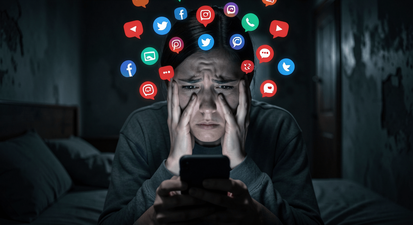 Person overwhelmed by smartphone notifications, symbolic digital addiction trapped feeling