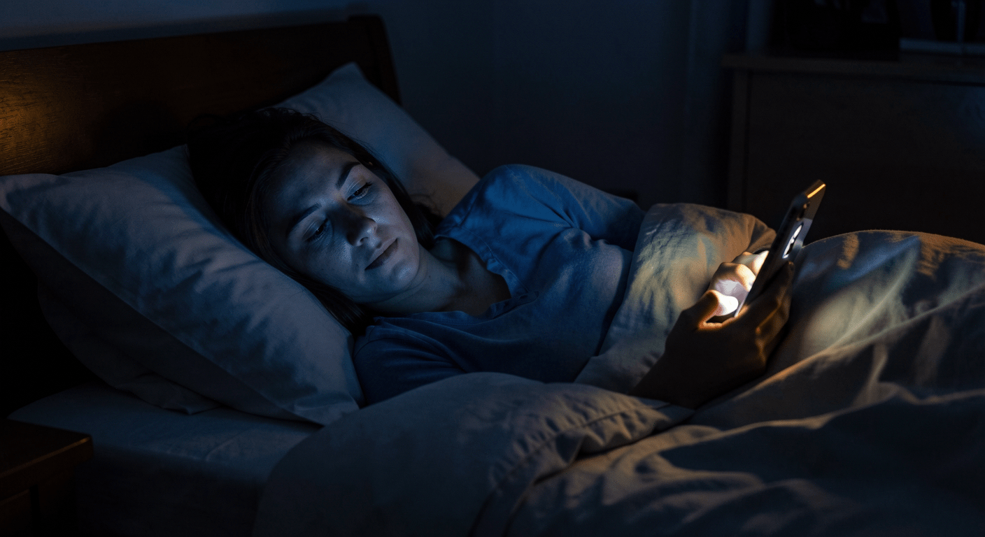 Person lying in bed at night scrolling on phone, face illuminated by screen glow, doomscrolling addiction visualized