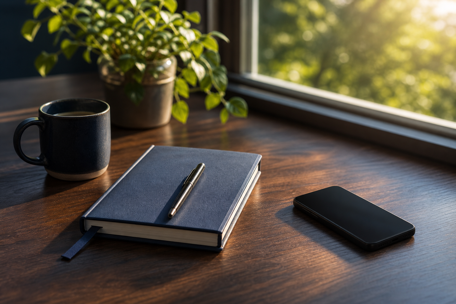 Morning desk with notebook and phone placed aside