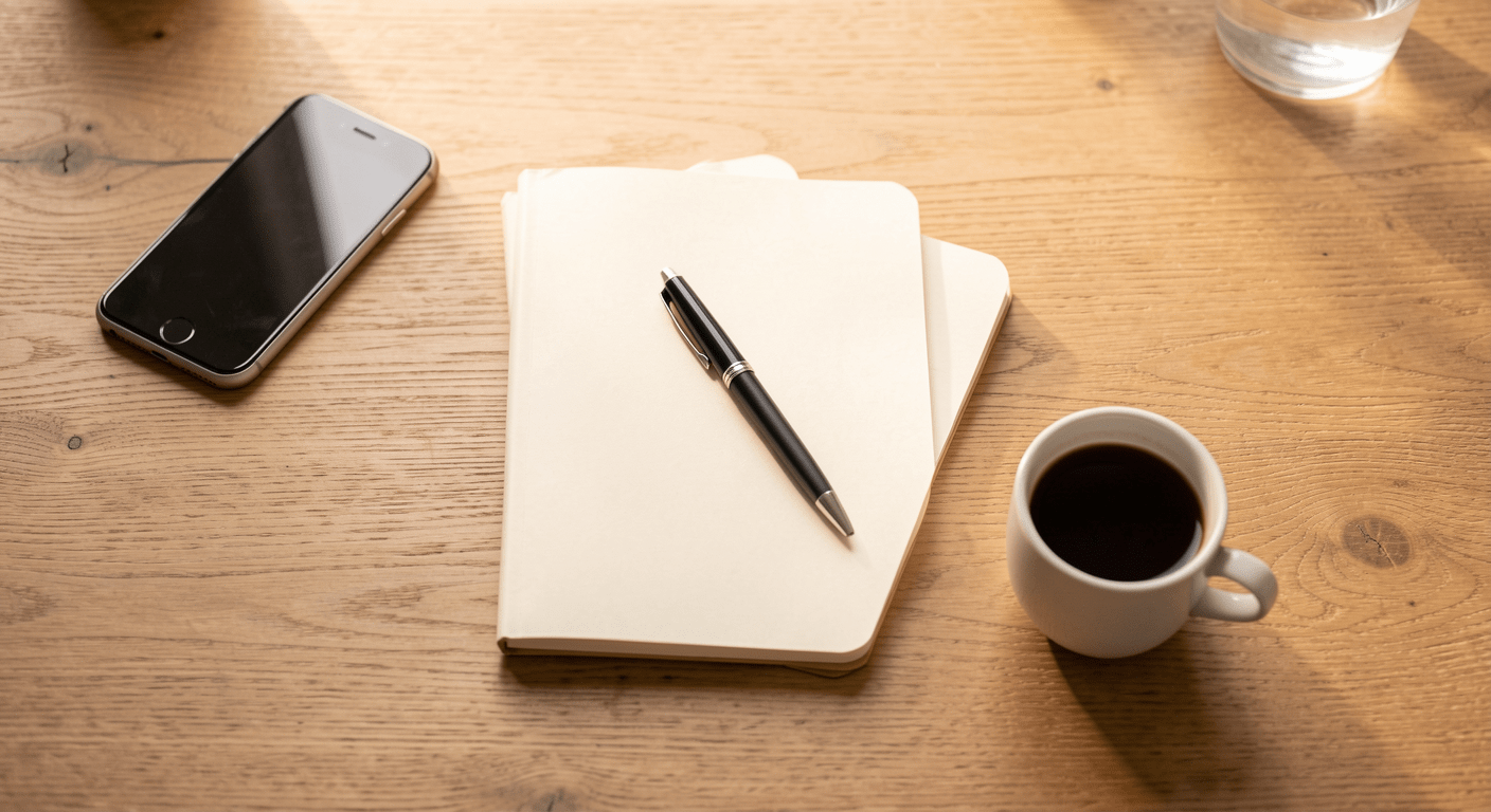 Minimalist workspace with notebook and pen, phone placed face-down away from the work area