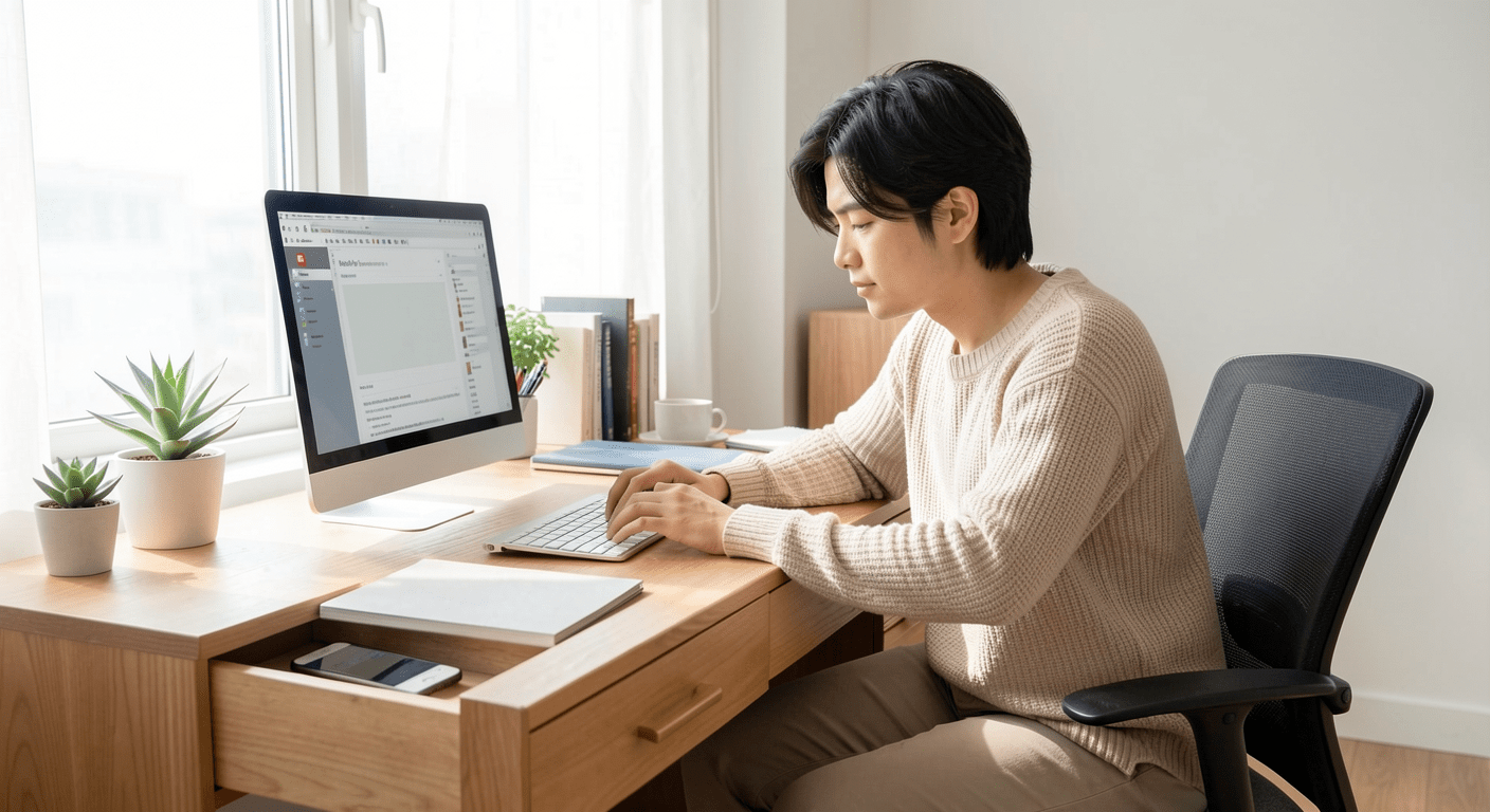 Clean organized workspace with phone in drawer, person in deep focused concentration