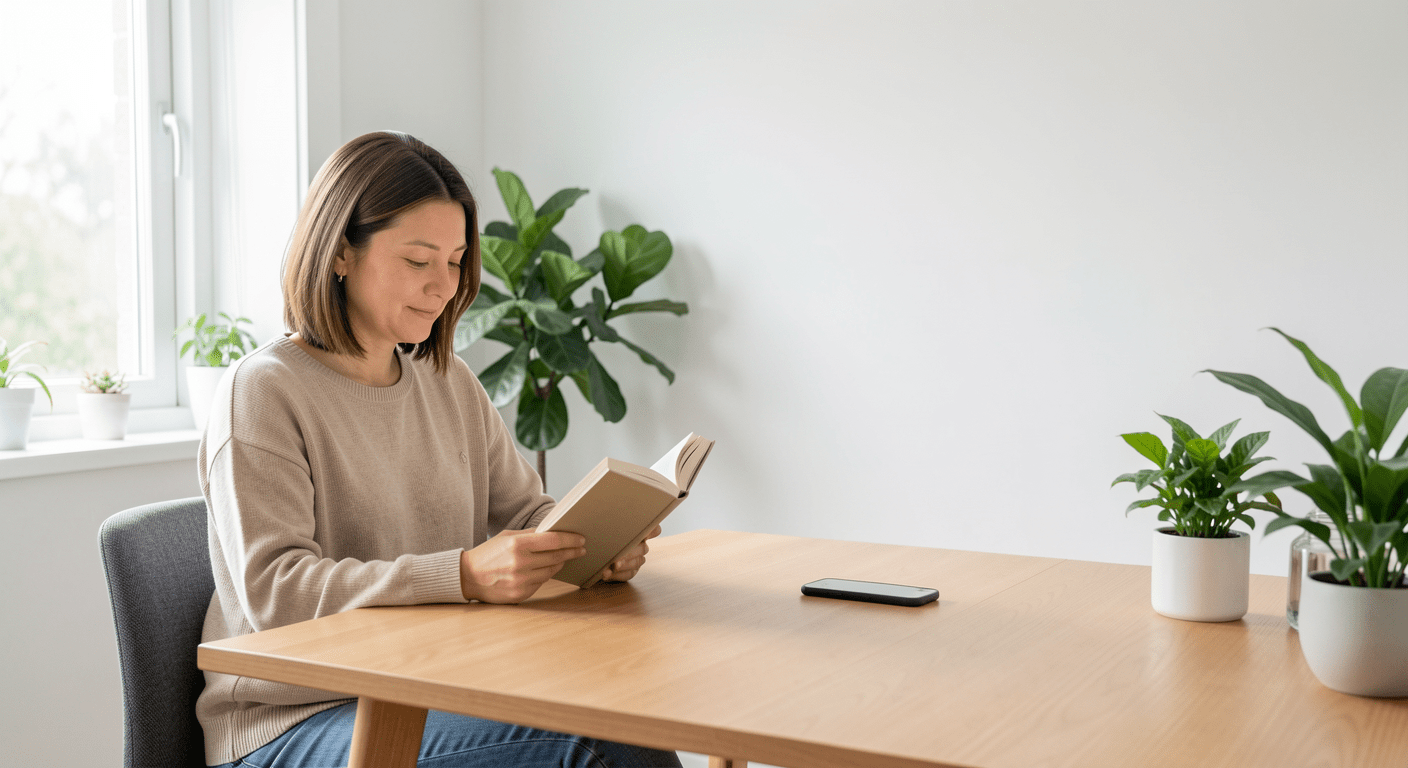 Person in clean organized room, phone face-down and away, reading a book peacefully, healthy phone boundaries