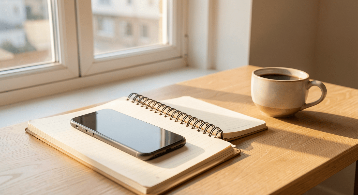 Clean morning workspace with phone placed face-down, notebook and coffee, intentional living without digital distraction