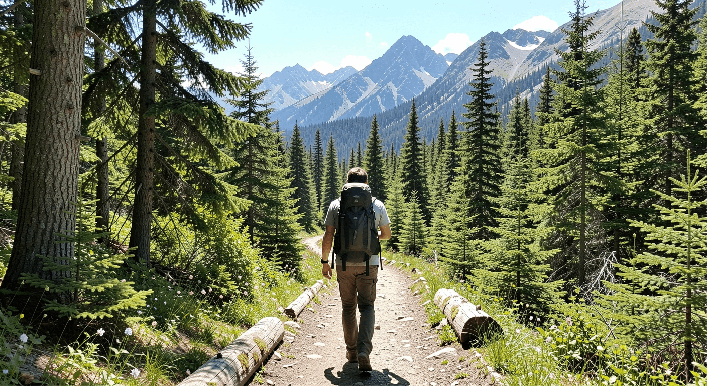 Person hiking on nature trail without phone, freedom and adventure, active lifestyle