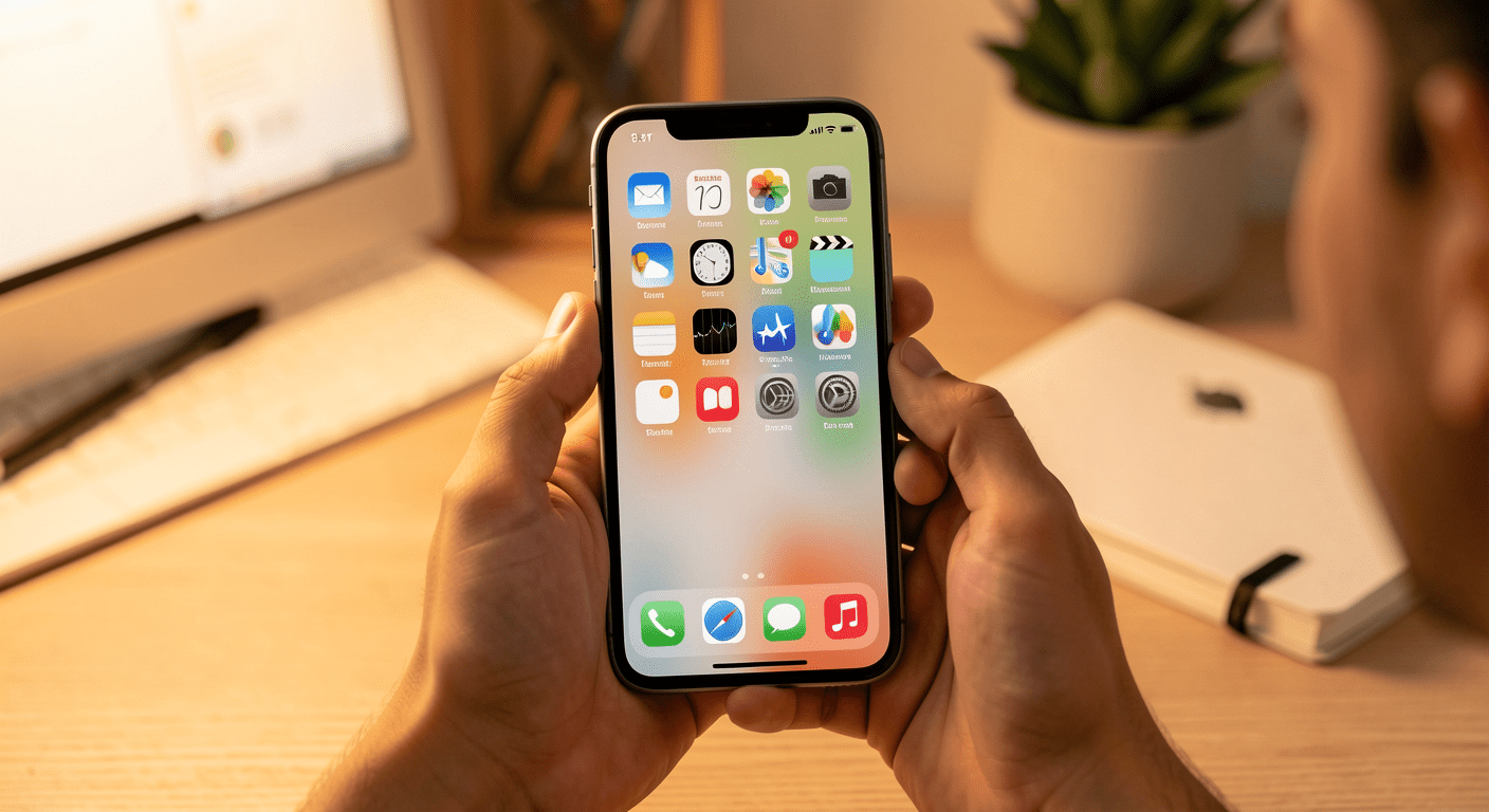 Clean organized smartphone with only essential apps, person using phone with intentional purpose