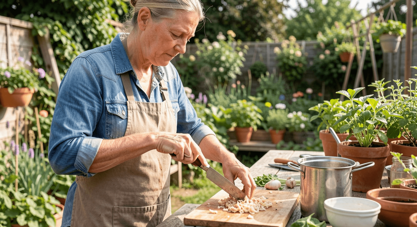 Person engaged in real-world hobby like cooking, phone absent, focused flow state