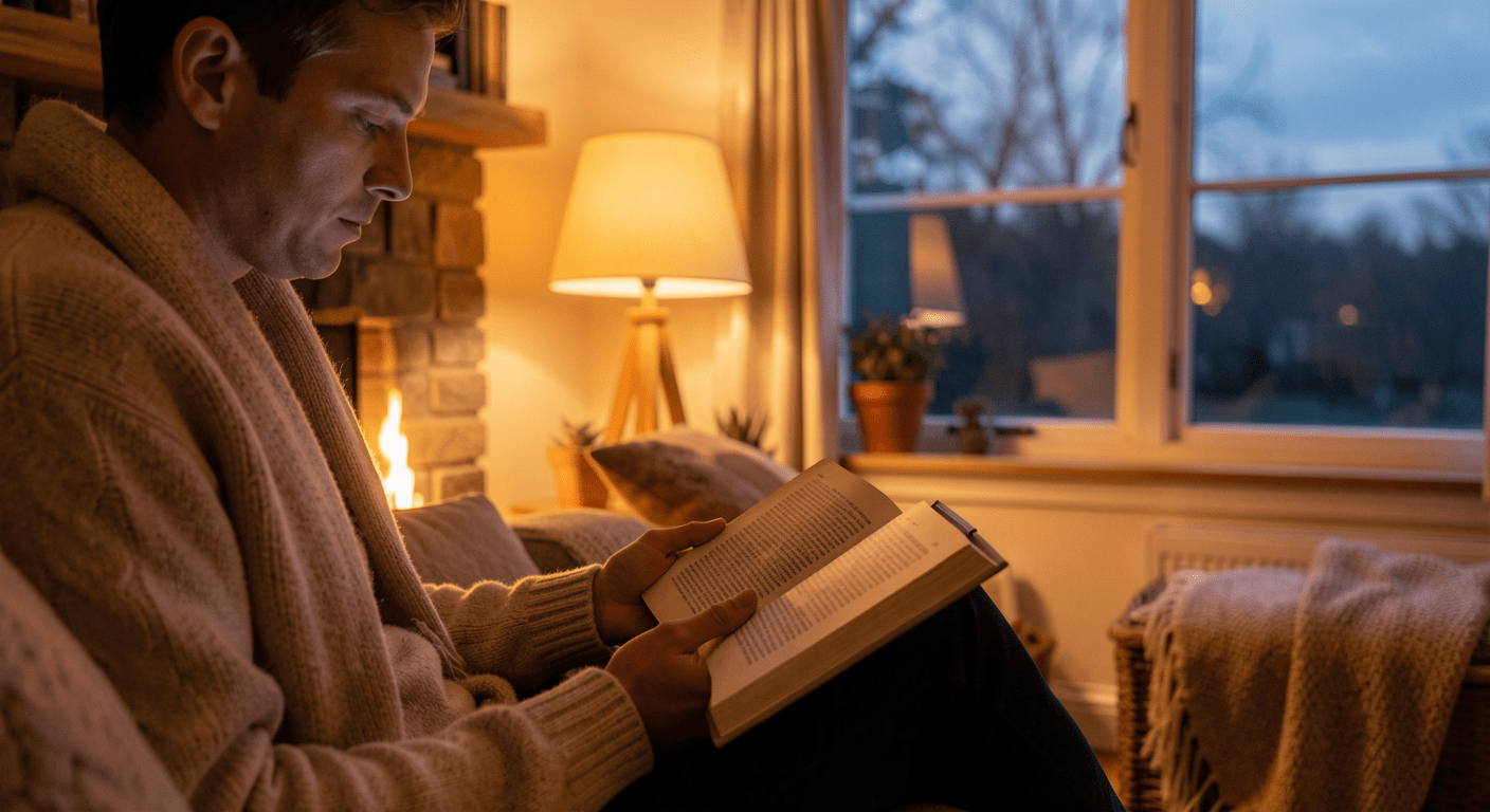 Person reading physical book in warm lamp light instead of scrolling phone