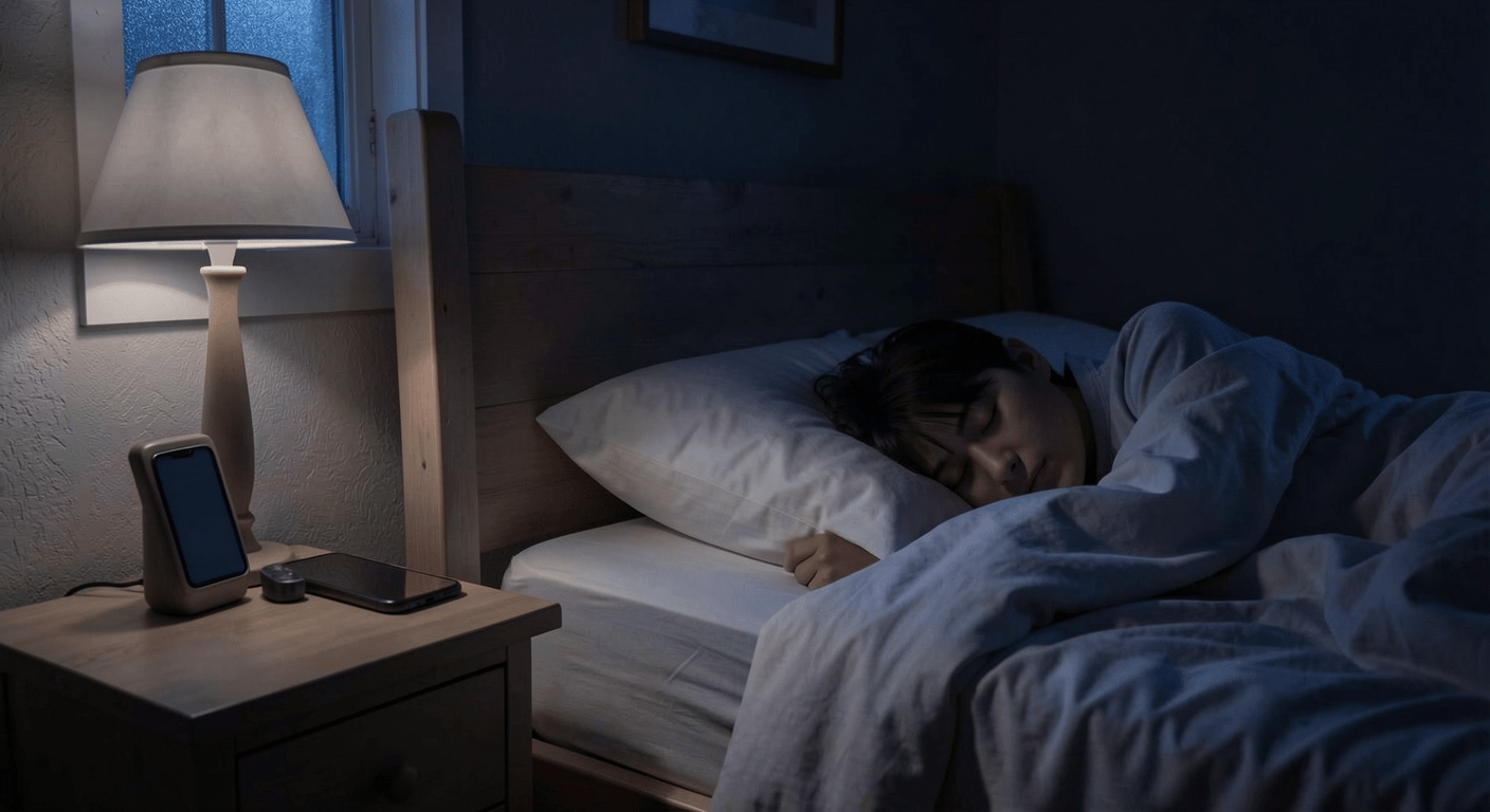 Person sleeping peacefully with phone off on nightstand, healthy sleep hygiene