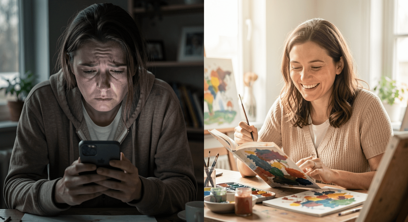 Split composition showing phone scrolling fatigue versus real-life engagement after social media detox