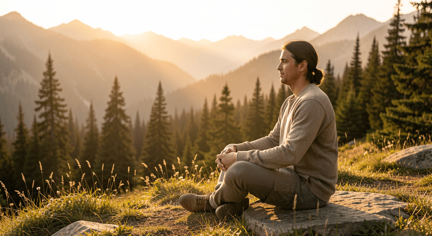 Person sitting peacefully in nature without phone during social media detox
