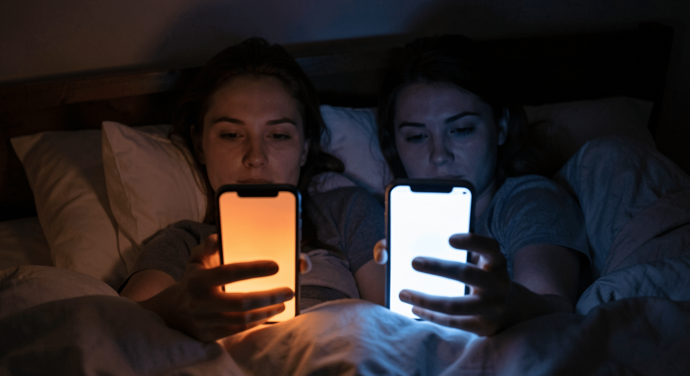 A person using a smartphone in a dark bedroom with warm amber night mode enabled, while a blue-tinted glow appears on a second device beside it, illustrating the difference between standard screen light and night mode settings for blue light sleep science.