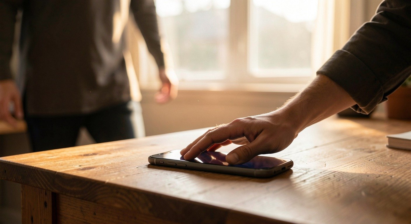 Person placing phone face-down on desk and walking away into natural light, symbol of reclaiming attention