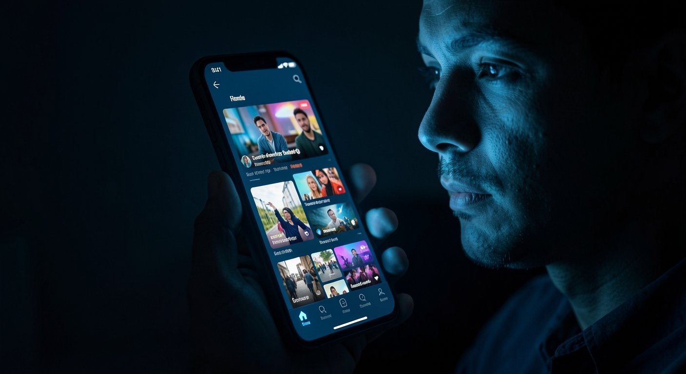 Smartphone screen glowing in dark room with colorful short-form video interface representing addiction loop