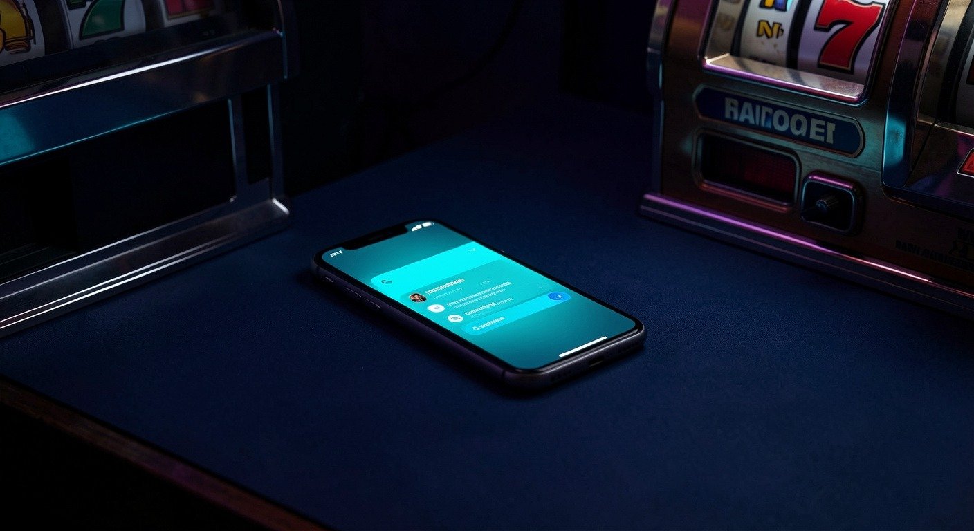 Smartphone on dark desk with glowing notification screen resembling a slot machine interface