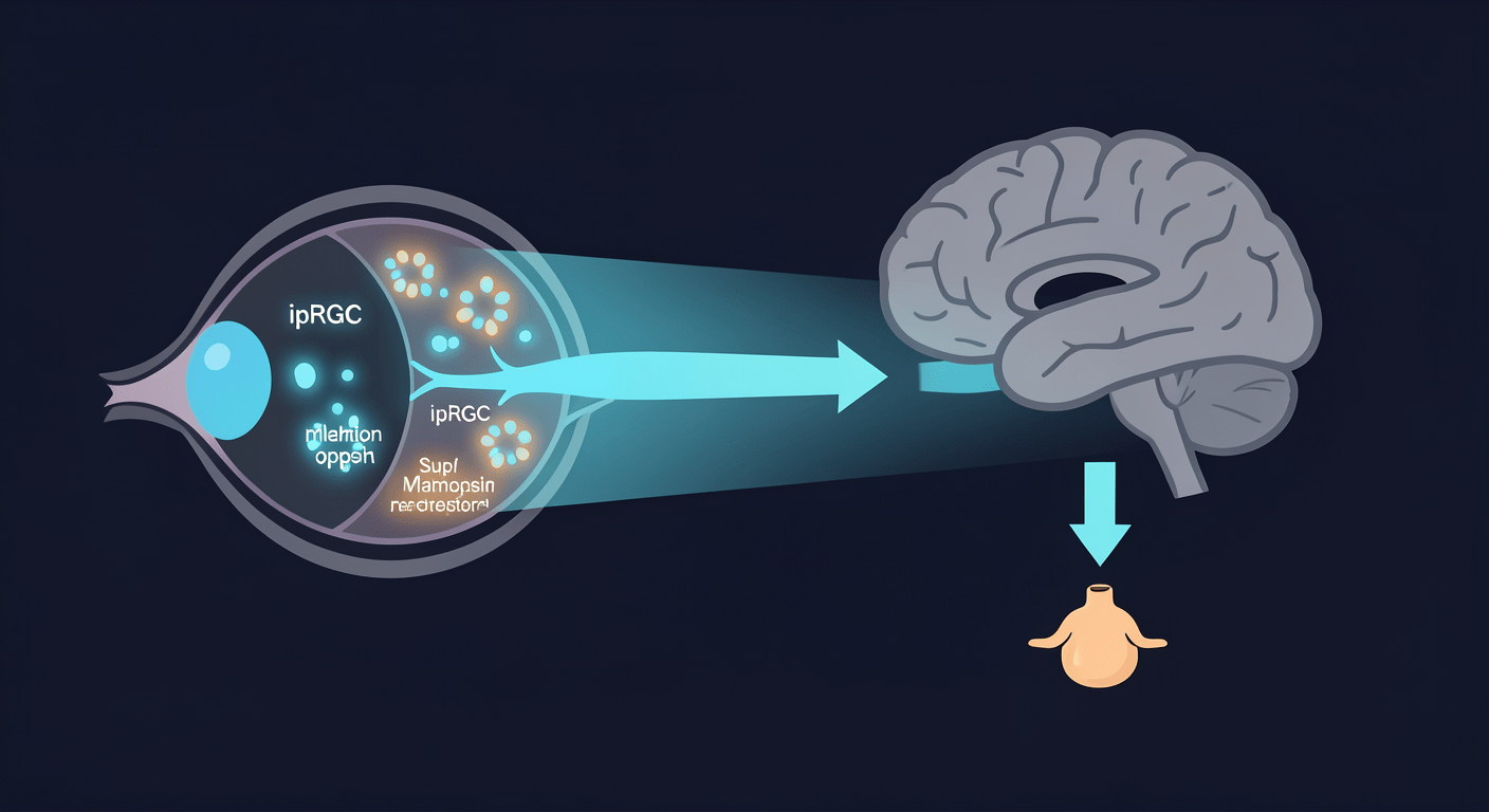 A simplified scientific diagram showing the pathway from blue light through the eye to ipRGC cells in the retina, then via the retinohypothalamic tract to the suprachiasmatic nucleus in the hypothalamus, with melatonin suppression shown as the downstream effect.