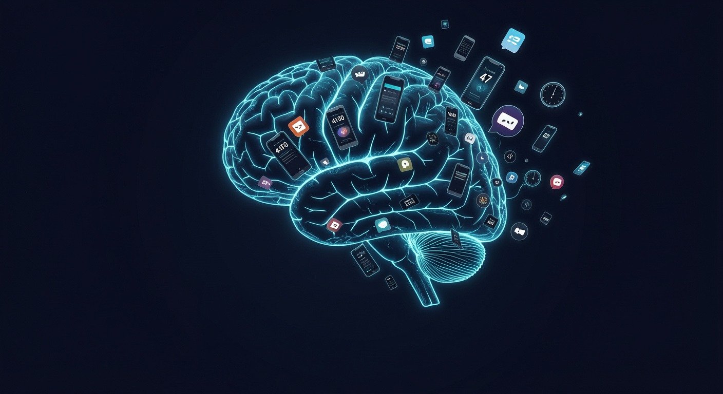 Dark conceptual image of a human brain dissolving into digital fragments with cyan neural pathways struggling to reconnect, representing the attention span crisis