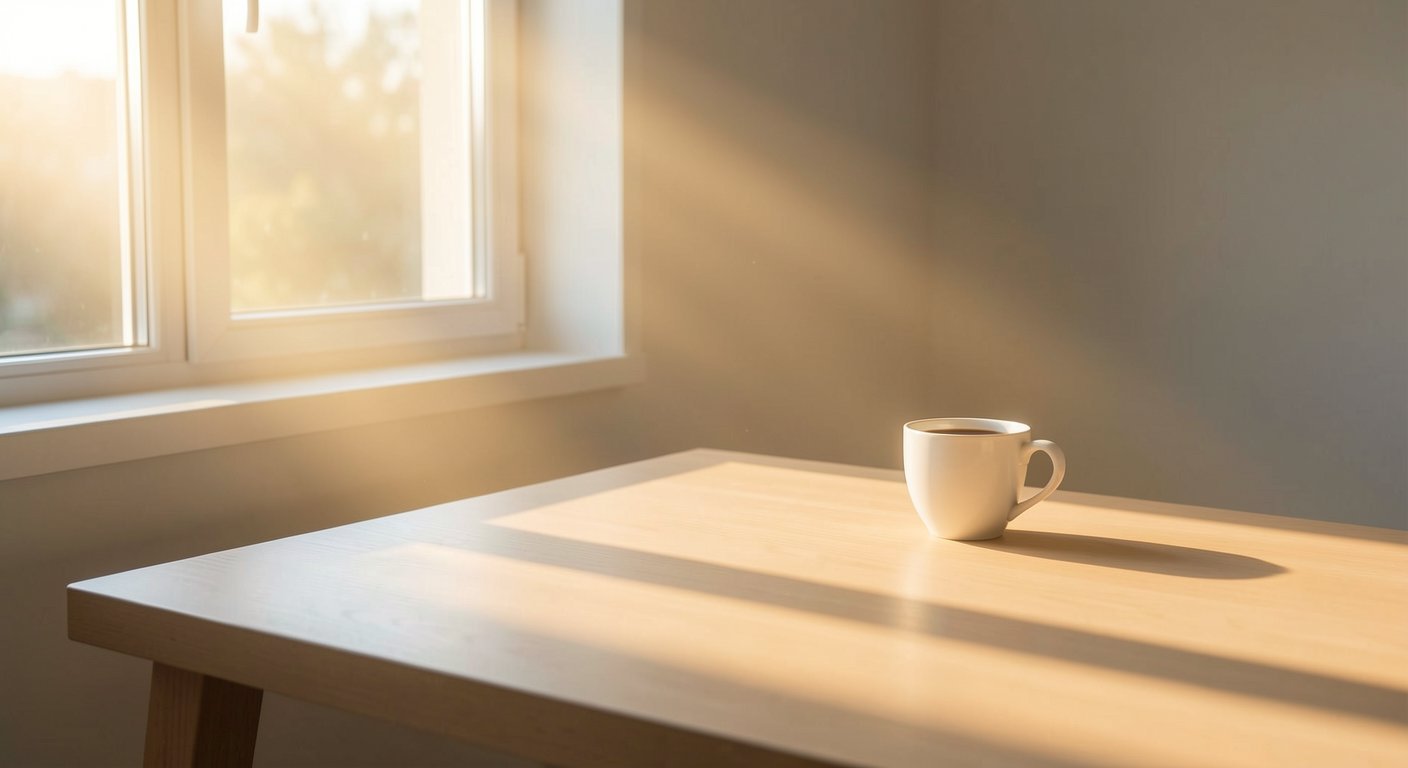 Calm morning light through window on clean desk after digital detox representing attention restoration and mental clarity