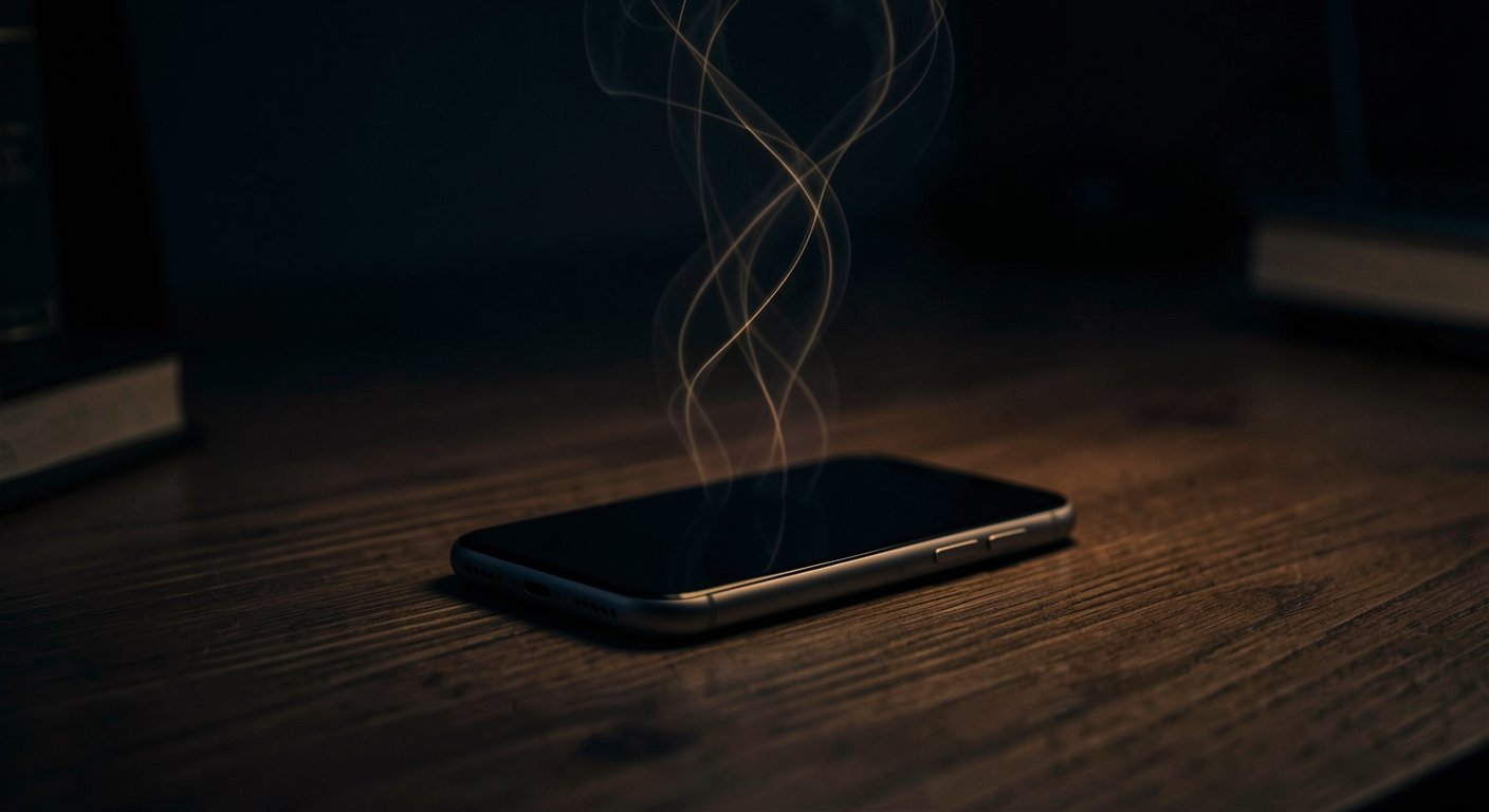 Smartphone face down on desk with neural-like dissipating energy trails representing social media detox and withdrawal