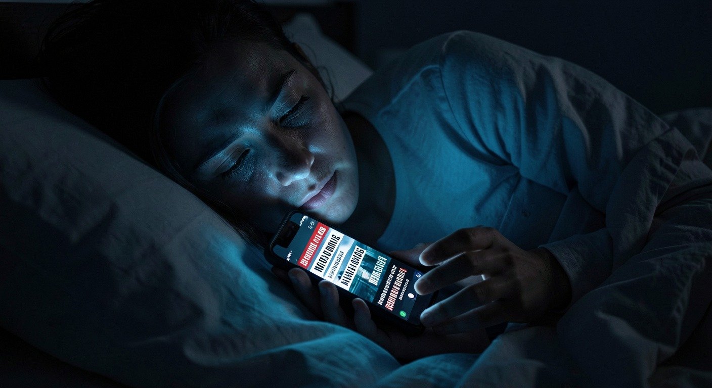 Person doomscrolling in bed at 2am, dark moody aesthetic, phone screen anxiety