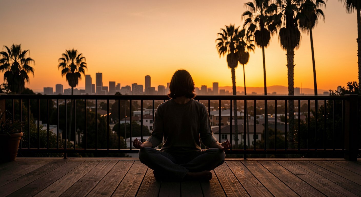 Person meditating on deck overlooking Los Angeles at golden hour with palm trees